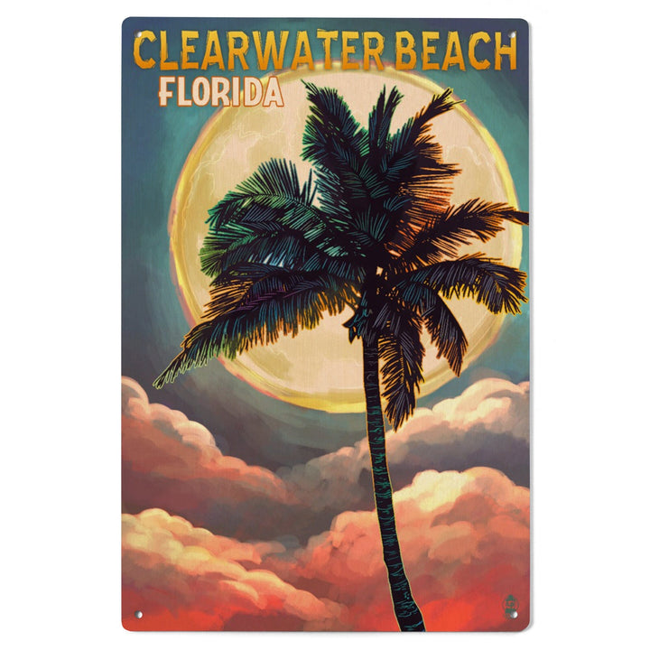 Clearwater Beach, Florida, Palm and Moon, Lantern Press Artwork, Wood Signs and Postcards Wood Lantern Press 