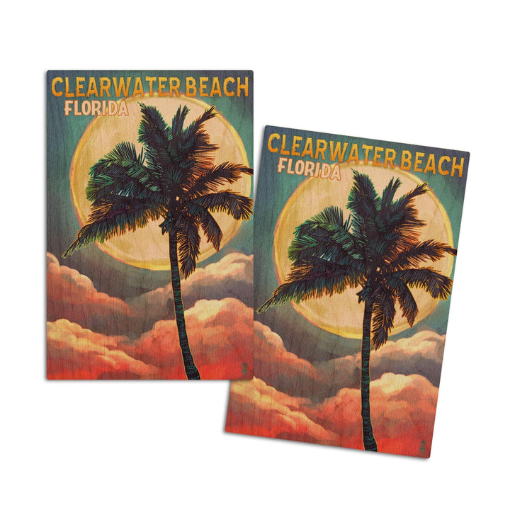Clearwater Beach, Florida, Palm and Moon, Lantern Press Artwork, Wood Signs and Postcards Wood Lantern Press 4x6 Wood Postcard Set 