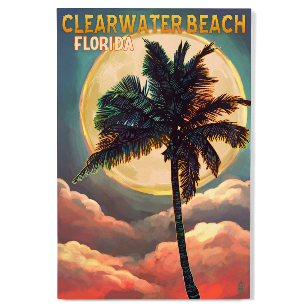 Clearwater Beach, Florida, Palm and Moon, Lantern Press Artwork, Wood Signs and Postcards Wood Lantern Press 