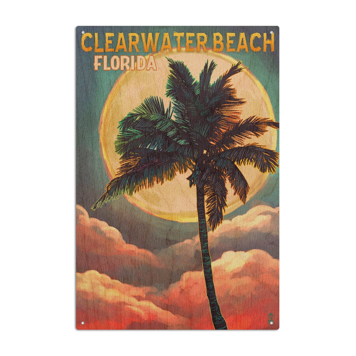 Clearwater Beach, Florida, Palm and Moon, Lantern Press Artwork, Wood Signs and Postcards Wood Lantern Press 6x9 Wood Sign 