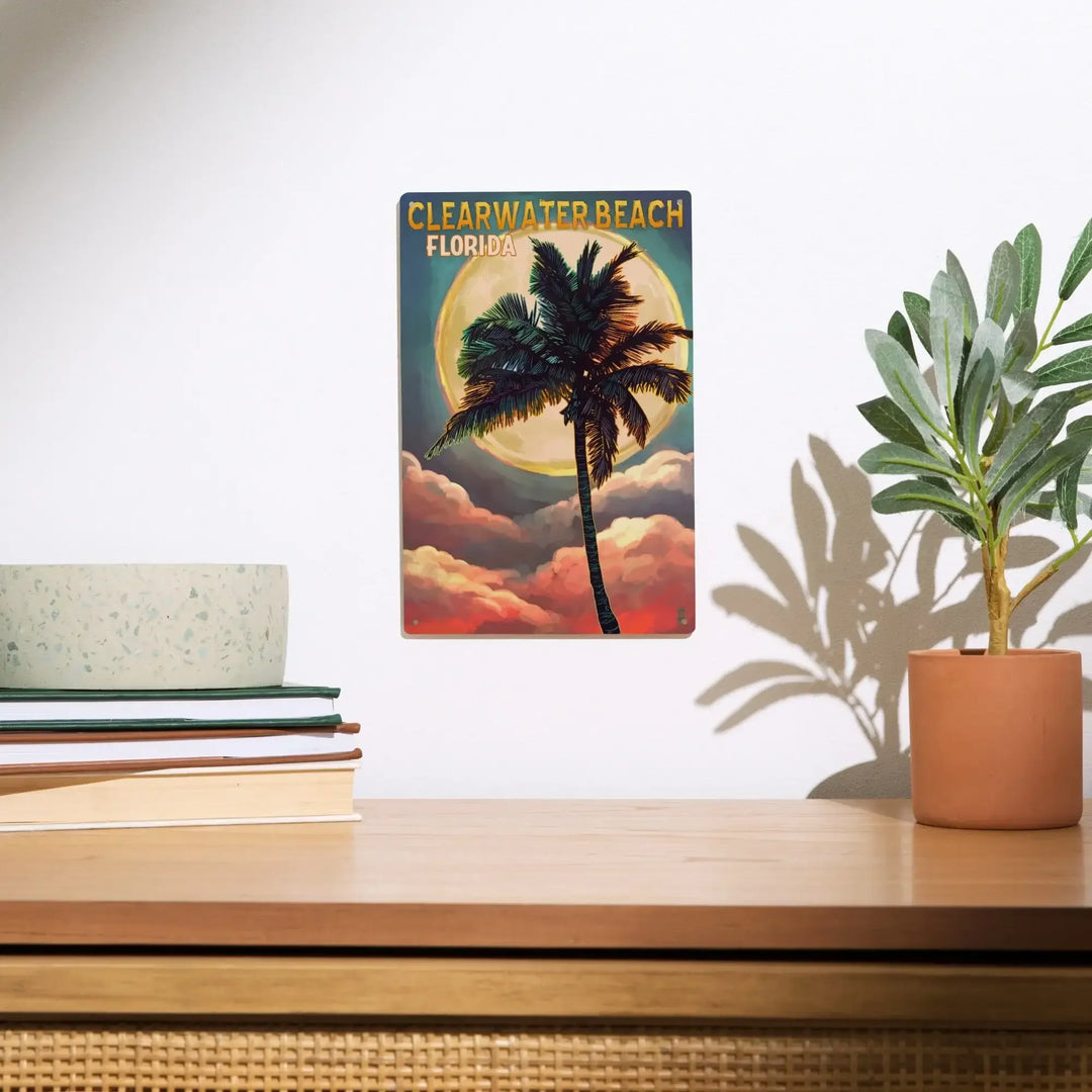 Clearwater Beach, Florida, Palm and Moon, Lantern Press Artwork, Wood
