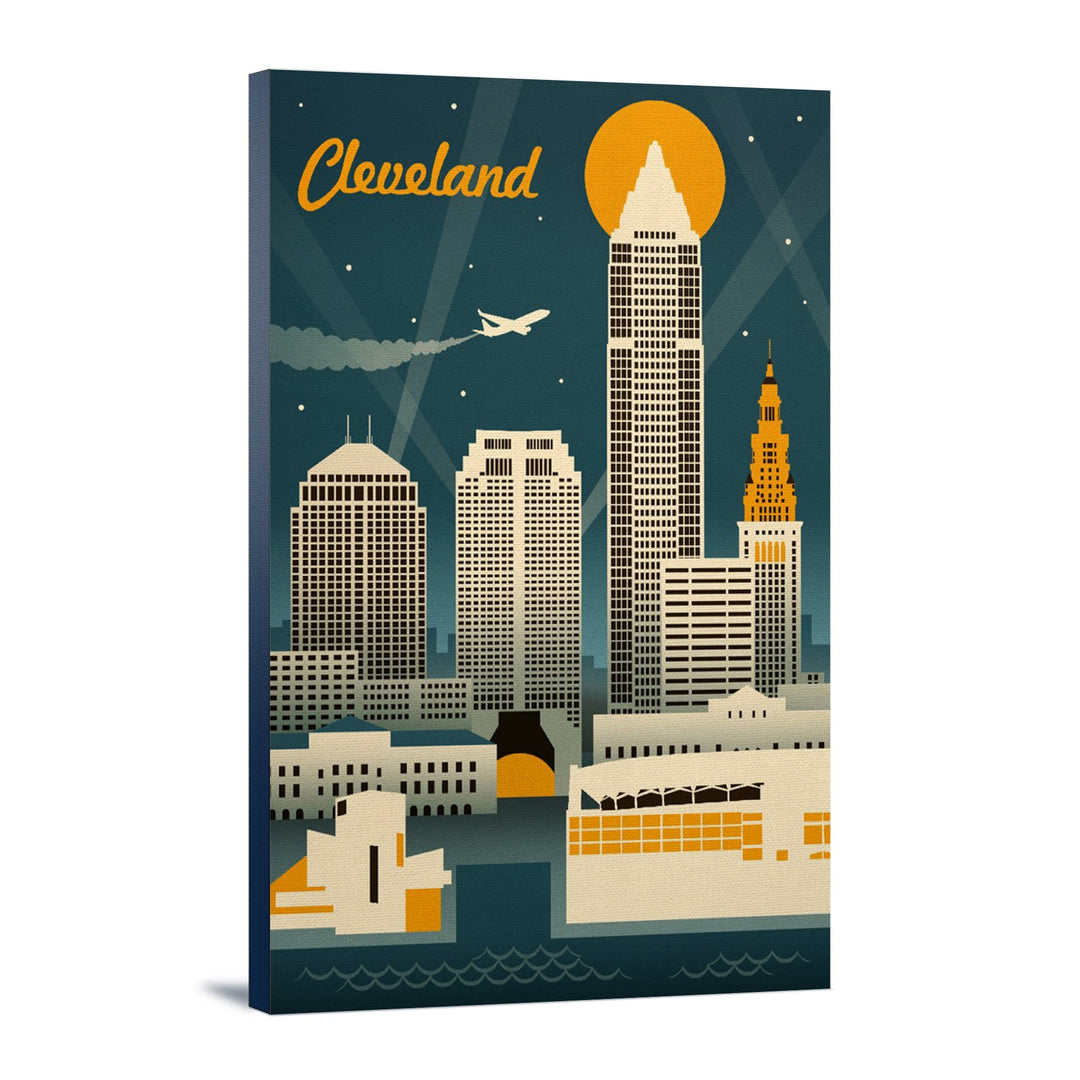 Cleveland, Ohio, Retro Skyline, Lantern Press Artwork, Stretched Canvas Canvas Lantern Press 12x18 Stretched Canvas 