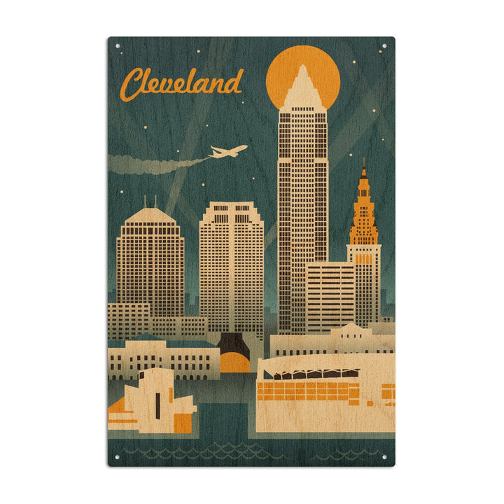 Cleveland, Ohio, Retro Skyline, Lantern Press Artwork, Wood Signs and Postcards Wood Lantern Press 10 x 15 Wood Sign 