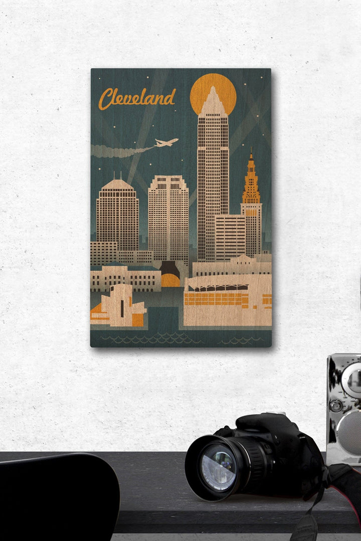 Cleveland, Ohio, Retro Skyline, Lantern Press Artwork, Wood Signs and Postcards Wood Lantern Press 12 x 18 Wood Gallery Print 