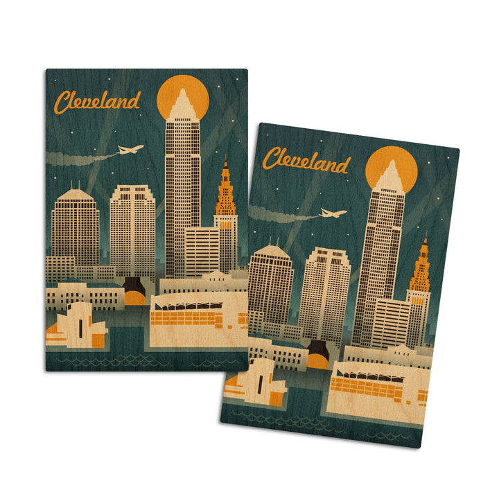 Cleveland, Ohio, Retro Skyline, Lantern Press Artwork, Wood Signs and Postcards Wood Lantern Press 4x6 Wood Postcard Set 