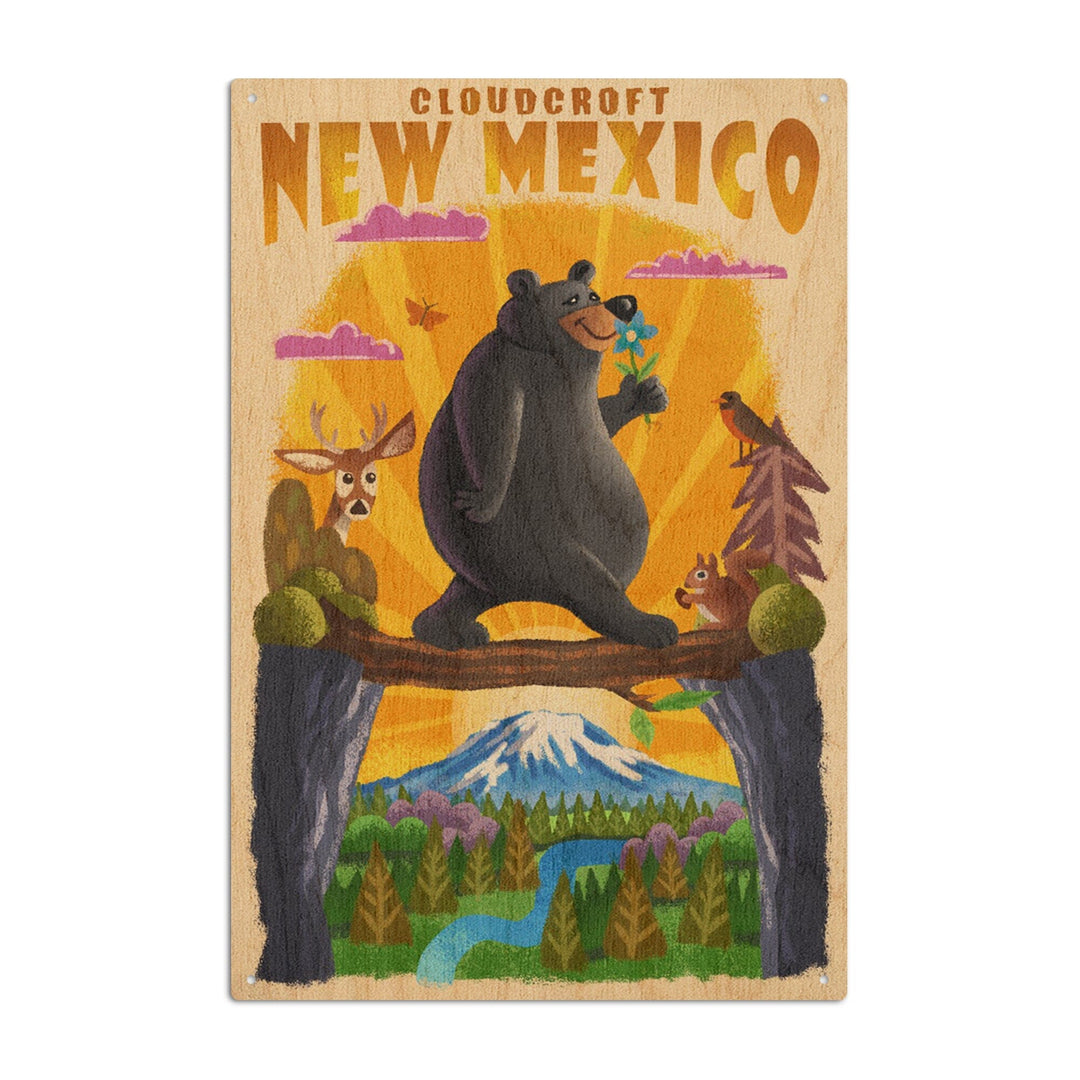 Cloudcroft, New Mexico, Mid Century Inspired, Black Bear on Log Bridge, Lantern Press Artwork, Wood Signs and Postcards Wood Lantern Press 10 x 15 Wood Sign 