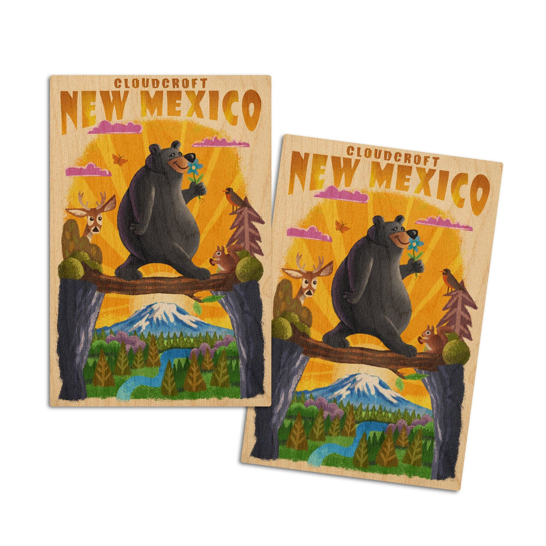 Cloudcroft, New Mexico, Mid Century Inspired, Black Bear on Log Bridge, Lantern Press Artwork, Wood Signs and Postcards Wood Lantern Press 4x6 Wood Postcard Set 