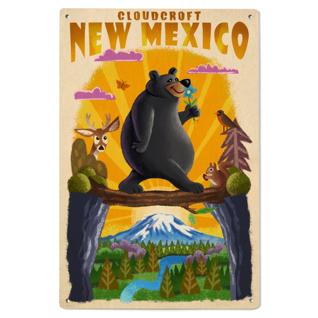 Cloudcroft, New Mexico, Mid Century Inspired, Black Bear on Log Bridge, Lantern Press Artwork, Wood Signs and Postcards Wood Lantern Press 