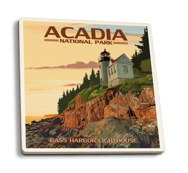 Coaster (Acadia National Park, Maine - Bass Harbor Lighthouse - Lantern Press Artwork) Coaster Nightingale Boutique Coaster Pack 