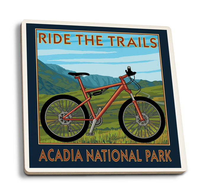 Coaster (Acadia National Park, Maine - Bicycle Scene - Lantern Press Artwork) Coaster Nightingale Boutique Coaster Pack 
