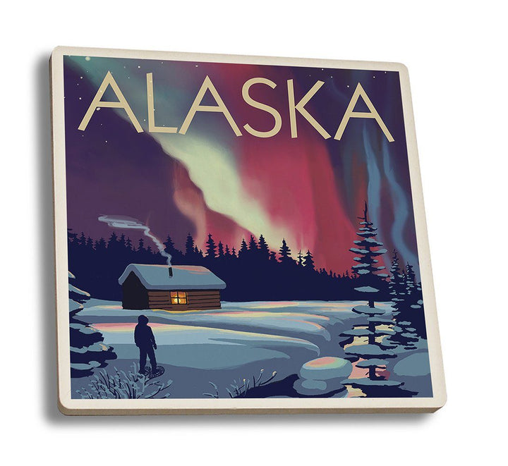 Coaster (Alaska - Northern Lights & Cabin - Lantern Press Artwork) Coaster Nightingale Boutique Coaster Set 