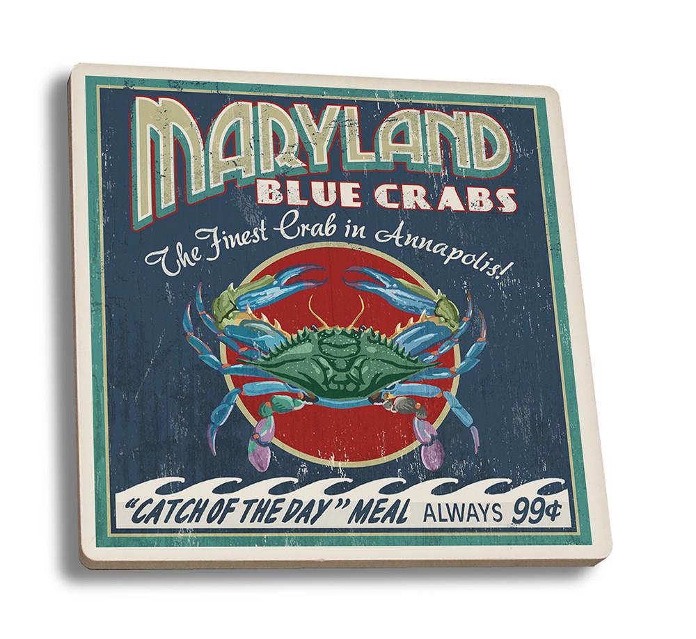 Coaster (Annapolis - Maryland Blue Crabs Vintage Sign - Lantern Press Artwork) Coaster Nightingale Boutique Coaster Set 