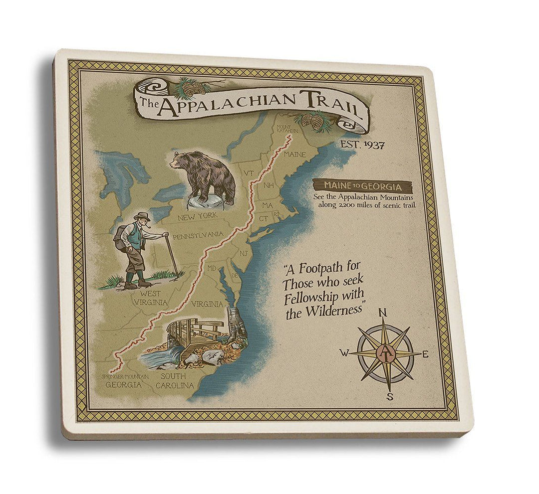 Coaster (Appalachian Trail Map - Lantern Press Artwork) Coaster Nightingale Boutique Coaster Set 