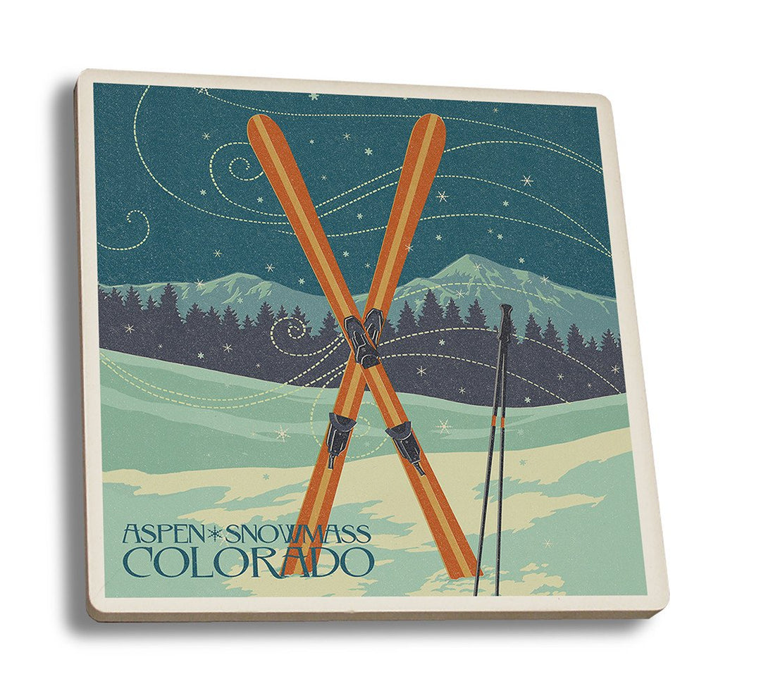 Coaster (Aspen - Snowmass, Colorado - Crossed Skis Letterpress - Lantern Press Artwork) Coaster Nightingale Boutique Coaster Set 