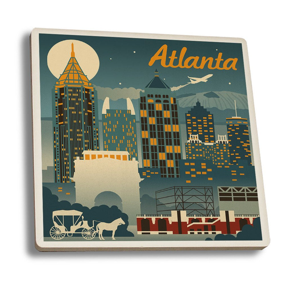 Coaster (Atlanta, Georgia - Retro Skyline - Lantern Press Artwork) Coaster Nightingale Boutique Coaster Set 