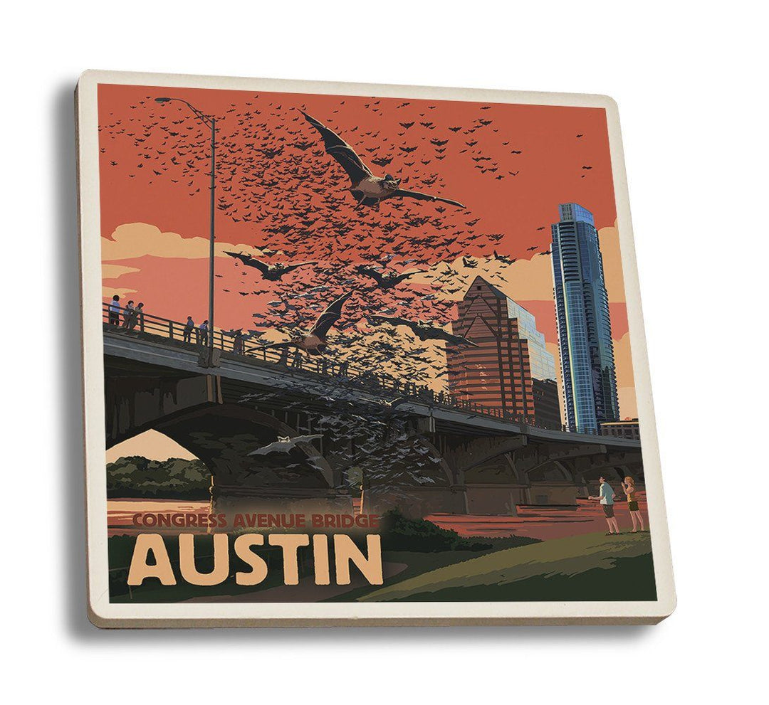 Coaster (Austin, Texas - Bats & Congress Avenue Bridge - Lantern Press Artwork) Coaster Nightingale Boutique Coaster Set 