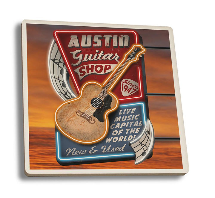 Coaster (Austin, Texas - Guitar Shop Vintage Sign - Lantern Press Artwork) Coaster Nightingale Boutique Coaster Set 