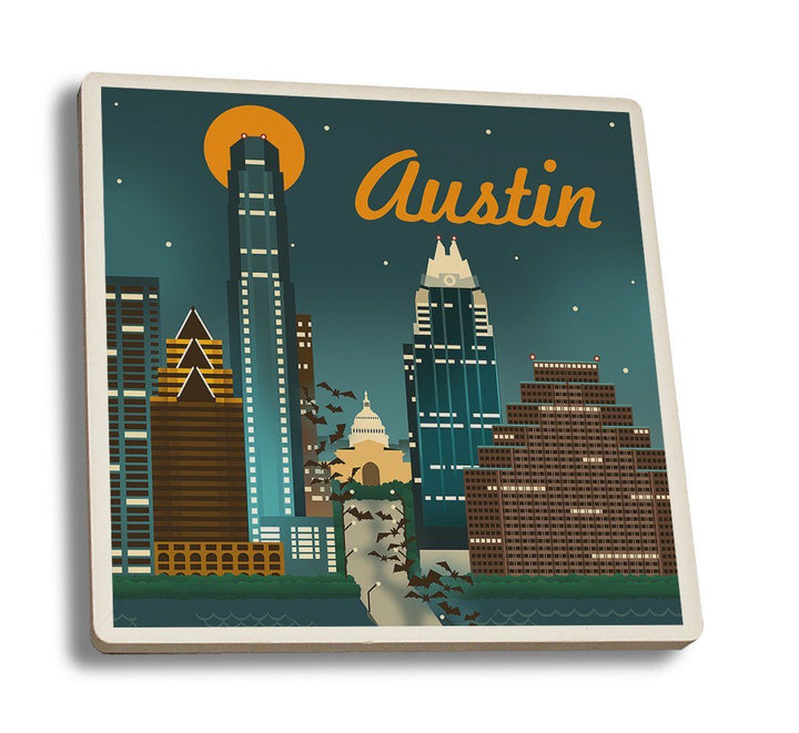 Coaster (Austin, Texas - Retro Skyline - Lantern Press Artwork) Coaster Nightingale Boutique Coaster Set 
