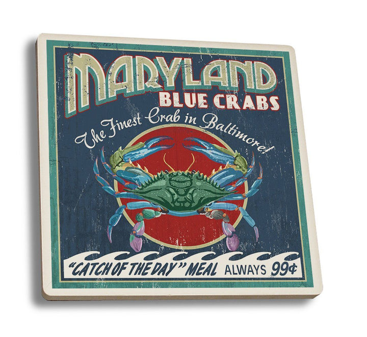 Coaster (Baltimore, Maryland - Blue Crabs Vintage Sign - Lantern Press Artwork) Coaster Nightingale Boutique Coaster Set 