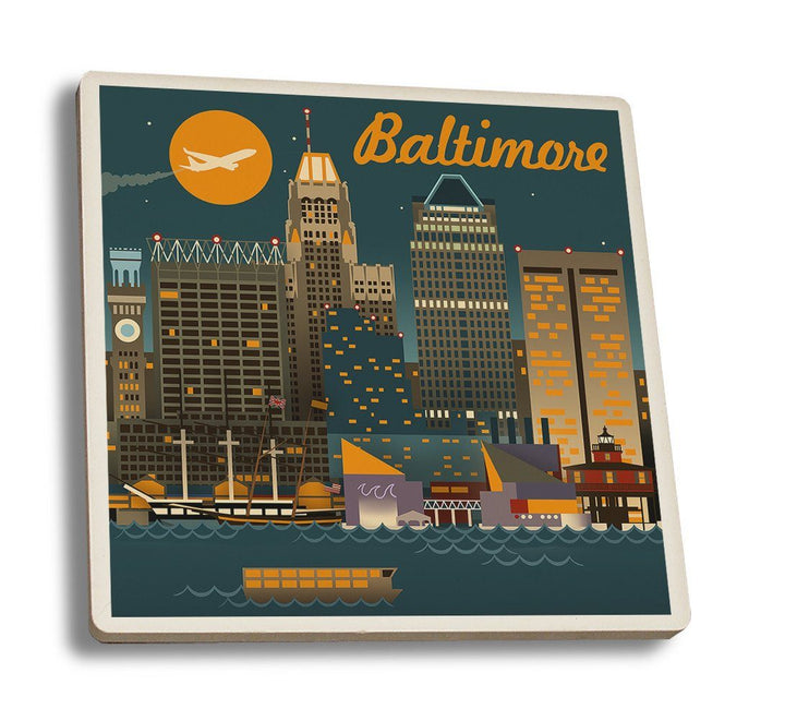 Coaster (Baltimore, Maryland - Retro Skyline - Lantern Press Artwork) Coaster Nightingale Boutique Coaster Set 