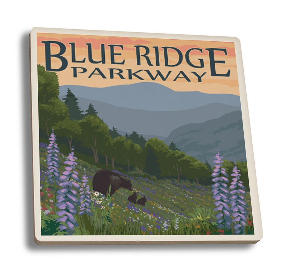 Coaster (Blue Ridge Parkway - Bear Family & Spring Flowers - Lantern Press Artwork) Coaster Nightingale Boutique Coaster Set 