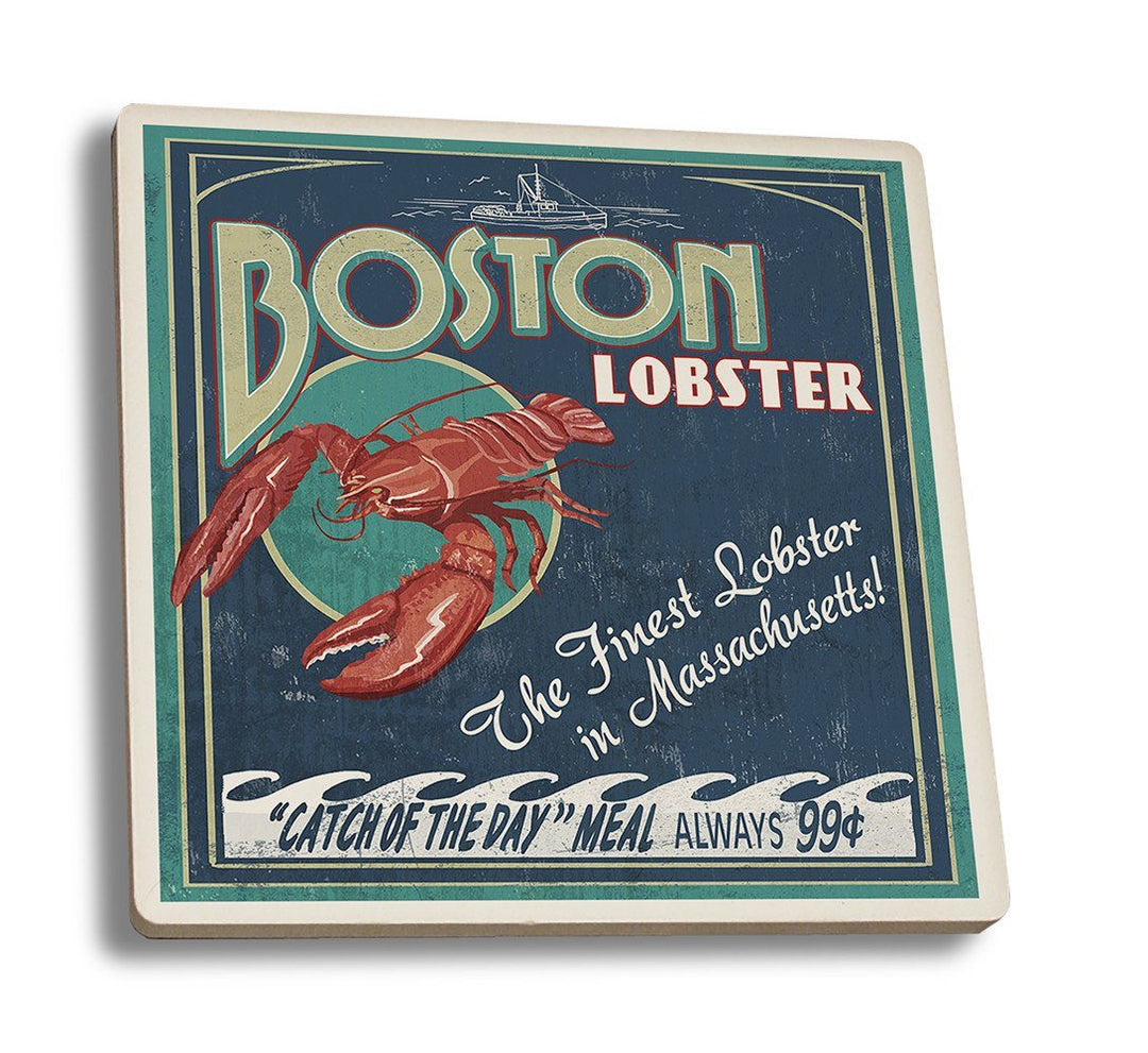 Coaster (Boston, Massachusetts - Lobster Vintage Sign - Lantern Press Artwork) Coaster Nightingale Boutique Coaster Set 