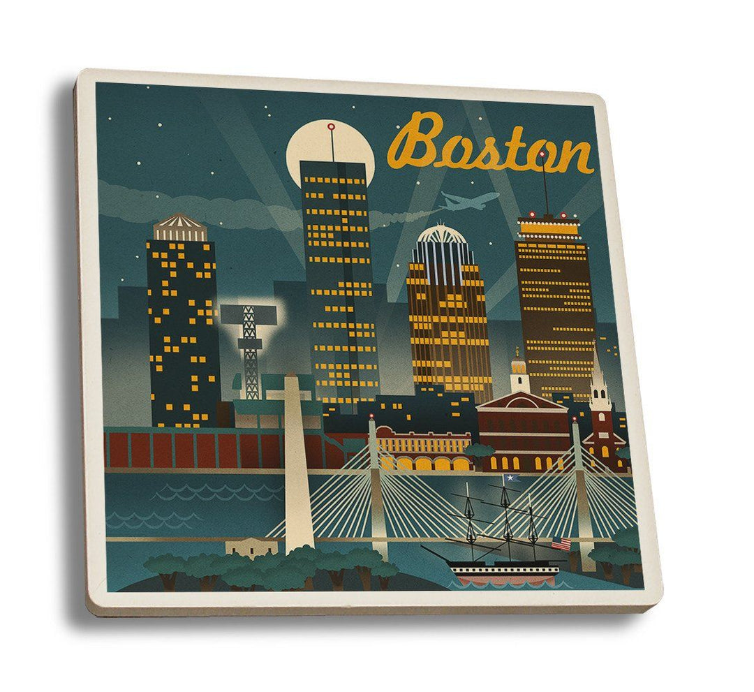 Coaster (Boston, Massachusetts - Retro Skyline - Lantern Press Artwork) Coaster Nightingale Boutique Coaster Set 