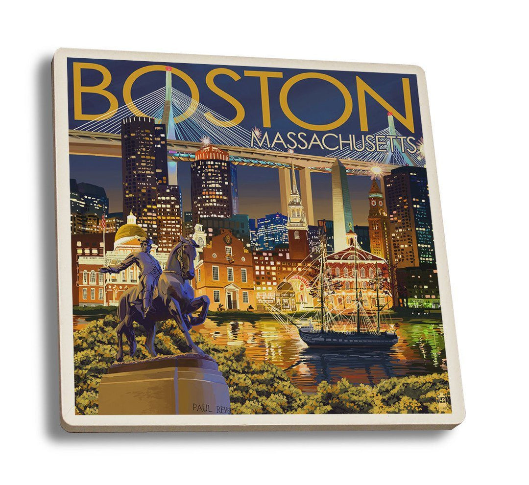 Coaster (Boston, Massachusetts - Skyline at Night - Lantern Press Artwork) Coaster Nightingale Boutique Coaster Set 