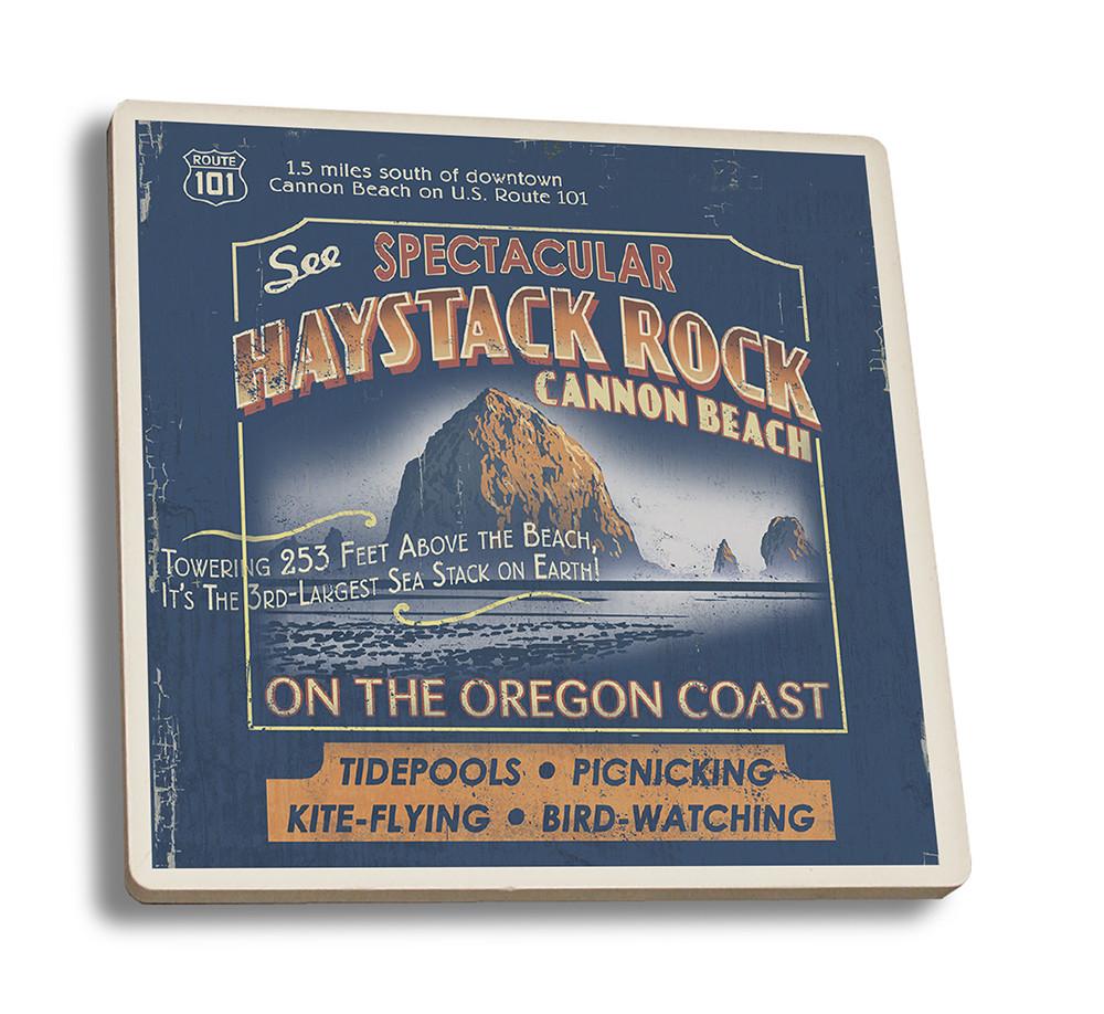 Coaster (Cannon Beach, Oregon - Haystack Rock Vintage Sign - Lantern Press Artwork) Coaster Nightingale Boutique Coaster Set 