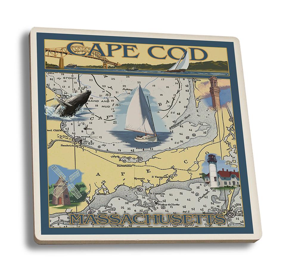Coaster (Cape Cod, Massachusetts - Chart & Views - Lantern Press Artwork) Coaster Nightingale Boutique Coaster Set 