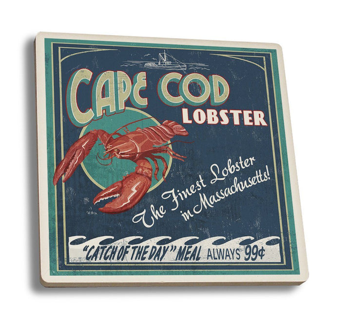 Coaster (Cape Cod, Massachusetts - Lobster Vintage Sign - Lantern Press Artwork) Coaster Nightingale Boutique Coaster Set 