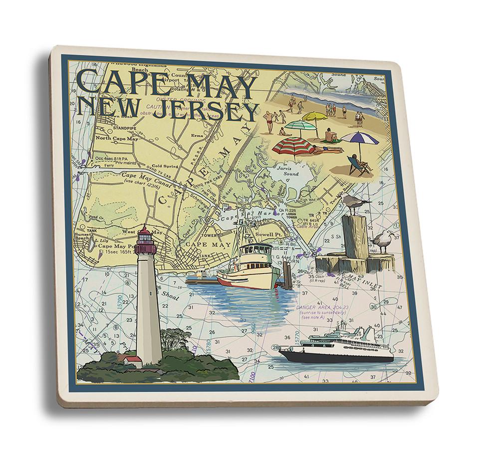 Coaster (Cape May, New Jersey - Nautical Chart - Lantern Press Artwork) Coaster Nightingale Boutique Coaster Set 