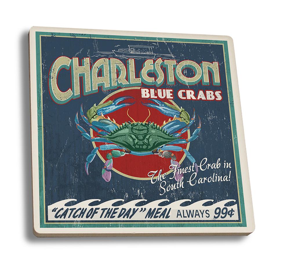 Coaster (Charleston, South Carolina - Blue Crabs Vintage Sign - Lantern Press Artwork) Coaster Nightingale Boutique Coaster Set 