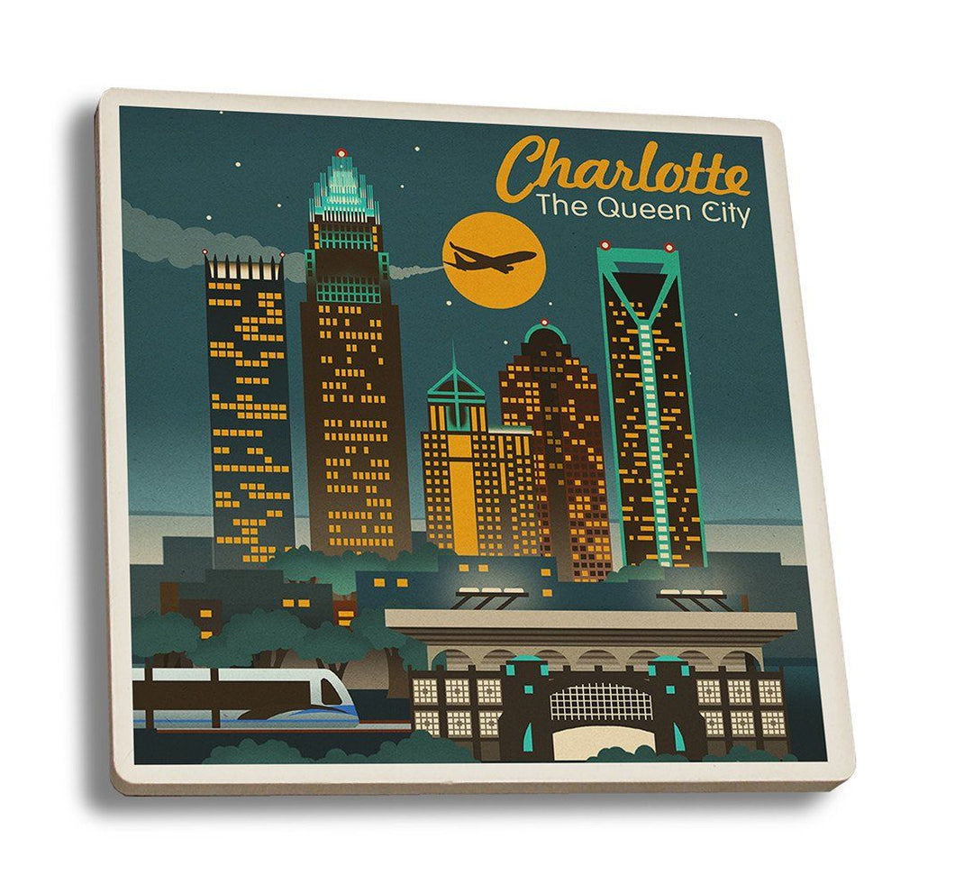 Coaster (Charlotte, North Carolina - Retro Skyline - Lantern Press Artwork) Coaster Nightingale Boutique Coaster Set 