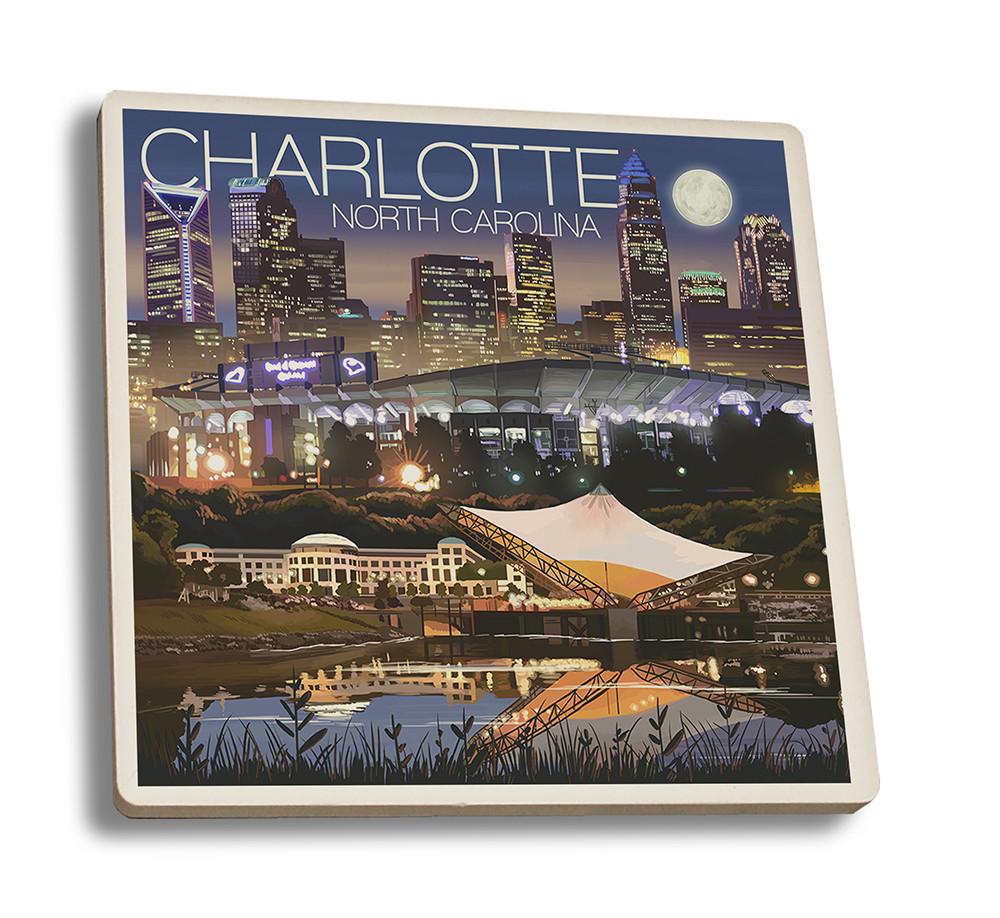 Coaster (Charlotte, North Carolina - Skyline at Night - Lantern Press Artwork) Coaster Nightingale Boutique Coaster Set 
