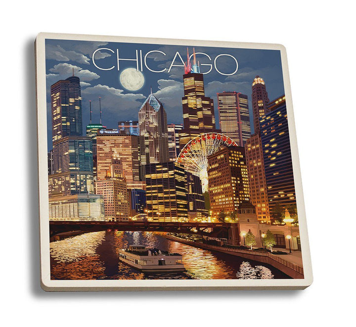 Coaster (Chicago, Illinois - Skyline at Night - Lantern Press Artwork) Coaster Nightingale Boutique Coaster Set 
