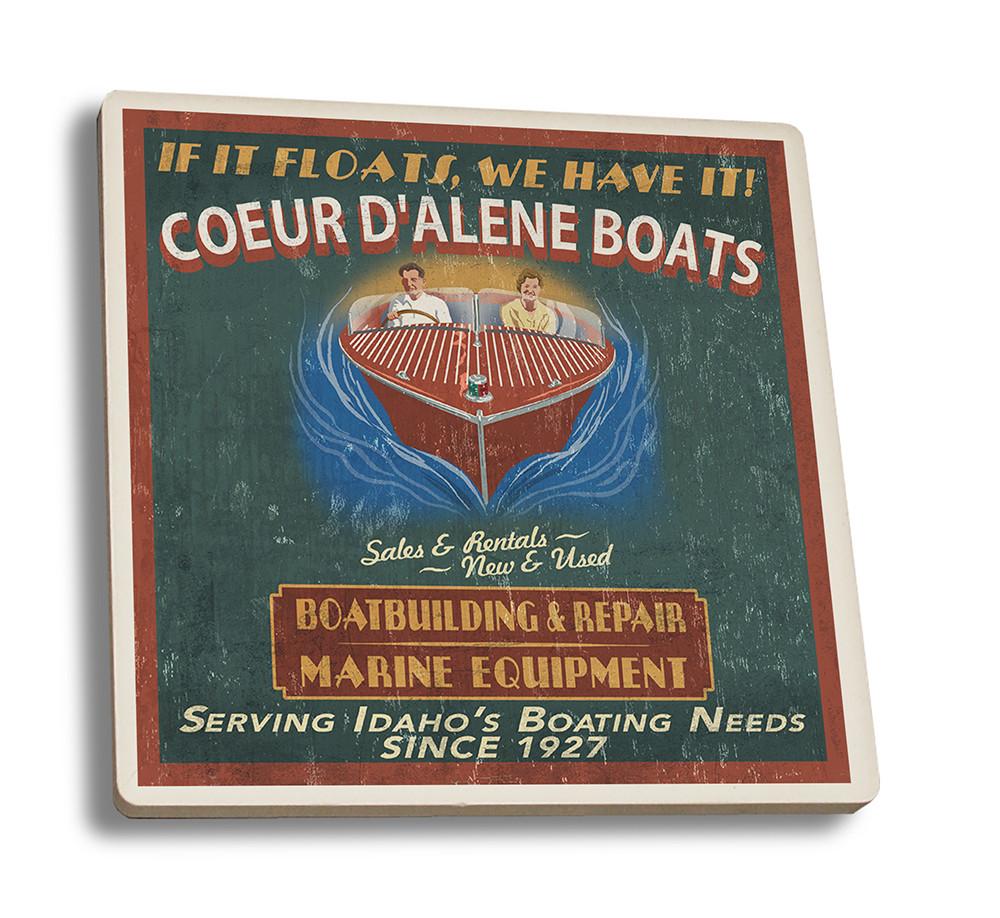 Coaster (Coeur D'Alene, Idaho - Wooden Boats Vintage Sign - Lantern Press Artwork) Coaster Nightingale Boutique Coaster Set 