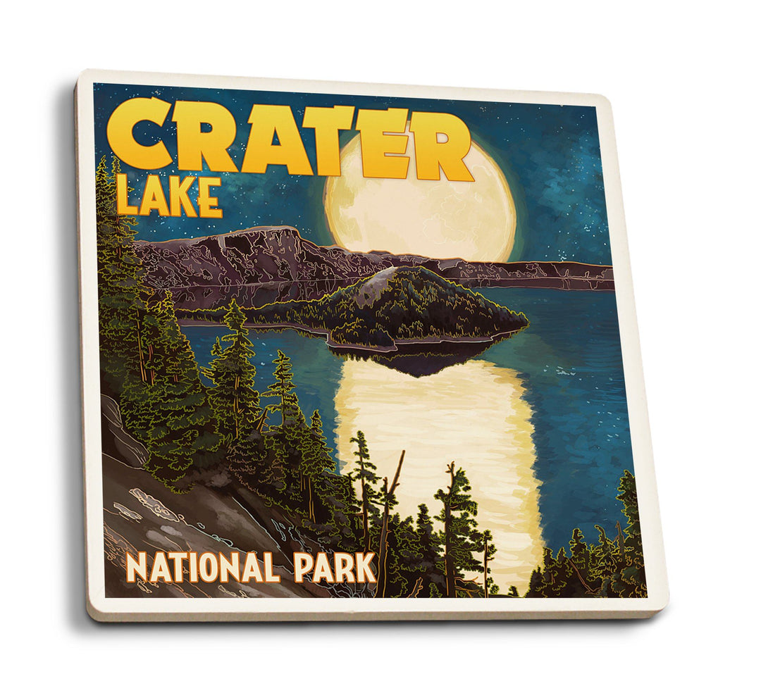 Coaster (Crater Lake National Park, Oregon - Lake & Full Moon - Lantern Press Artwork) Coaster Nightingale Boutique Coaster Pack 