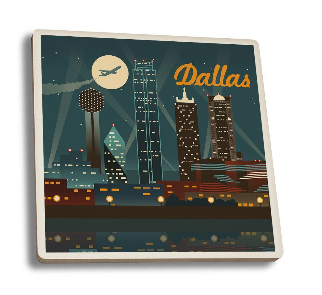 Coaster (Dallas, Texas - Retro Skyline - Lantern Press Artwork) Coaster Nightingale Boutique Coaster Set 