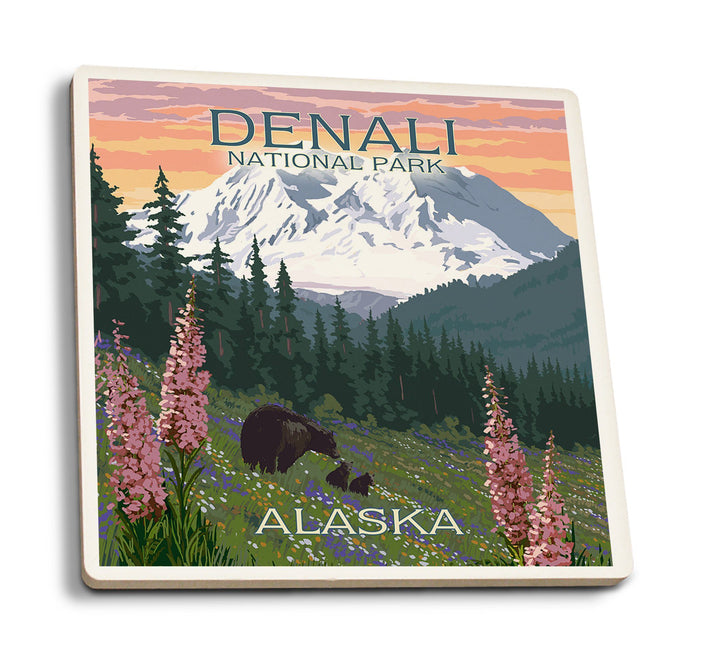 Coaster (Denali National Park, Alaska - Bear and Cubs with Flowers - Lantern Press Artwork) Coaster Nightingale Boutique Coaster Pack 