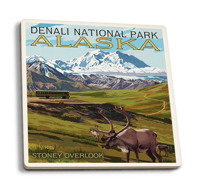Coaster (Denali National Park, Alaska - Caribou & Stoney Overlook - Lantern Press Artwork) Coaster Nightingale Boutique Coaster Pack 