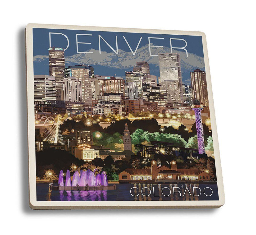 Coaster (Denver, Colorado - Skyline at Night - Lantern Press Artwork) Coaster Nightingale Boutique Coaster Set 