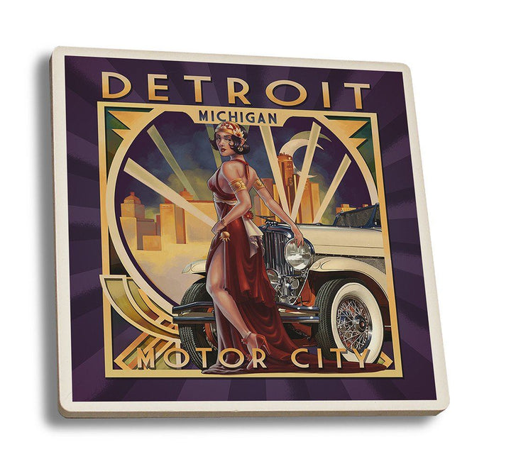 Coaster (Detroit, Michigan - Deco Woman & Car - Lantern Press Artwork) Coaster Nightingale Boutique Coaster Set 