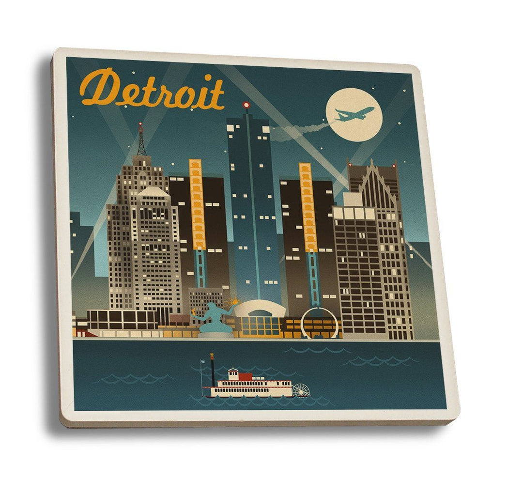 Coaster (Detroit, Michigan - Retro Skyline - Lantern Press Artwork) Coaster Nightingale Boutique Coaster Set 