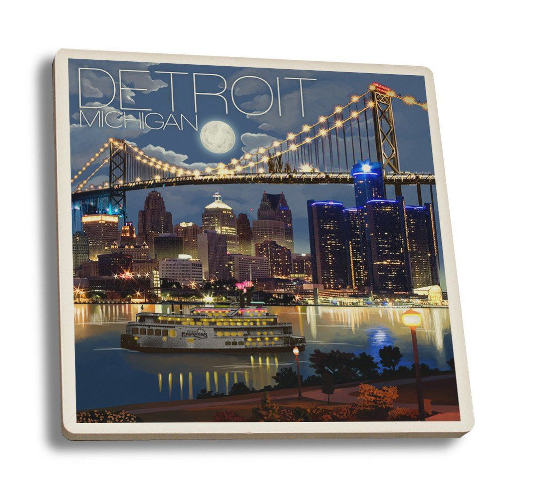 Coaster (Detroit, Michigan - Skyline at Night - Lantern Press Artwork) Coaster Nightingale Boutique Coaster Set 
