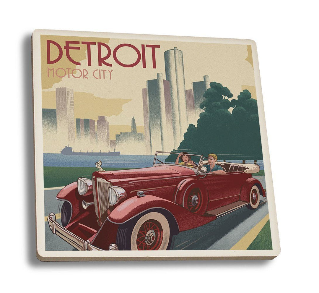 Coaster (Detroit, Michigan - Vintage Car & Skyline - Lantern Press Artwork) Coaster Nightingale Boutique Coaster Set 