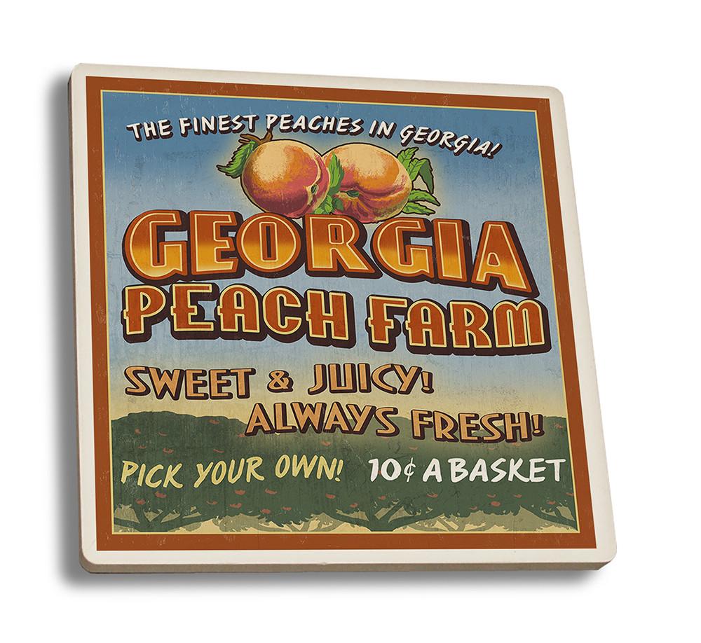 Coaster (Georgia - Peach Farm Vintage Sign - Lantern Press Artwork) Coaster Nightingale Boutique Coaster Set 