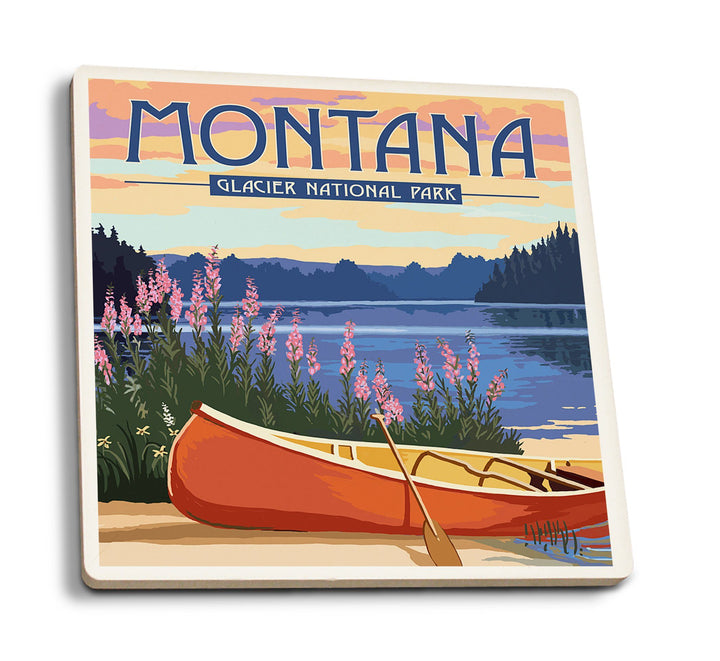 Coaster (Glacier National Park, Montana - Canoe & Lake - Lantern Press Artwork) Coaster Nightingale Boutique Coaster Pack 