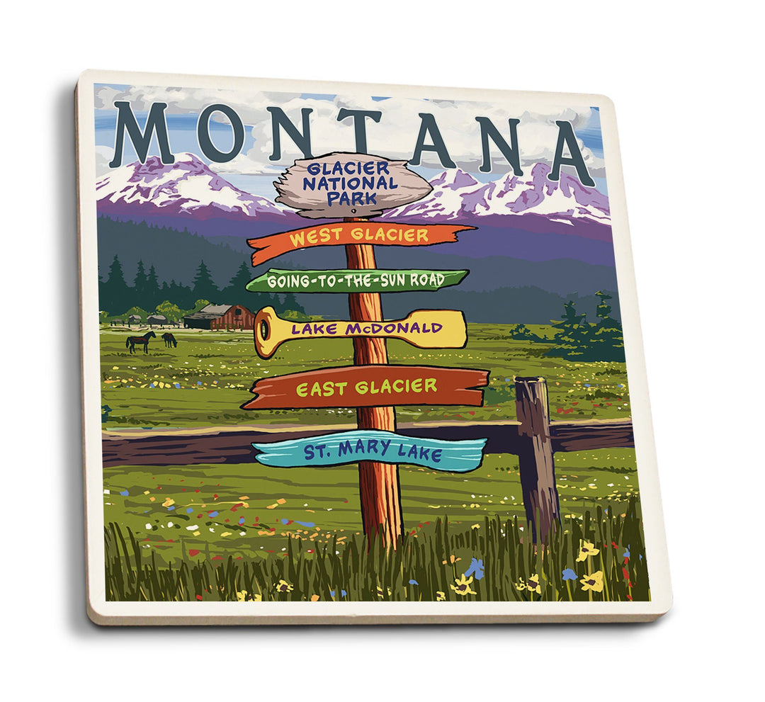 Coaster (Glacier National Park, Montana - Destination Signpost - Lantern Press Artwork) Coaster Nightingale Boutique Coaster Pack 