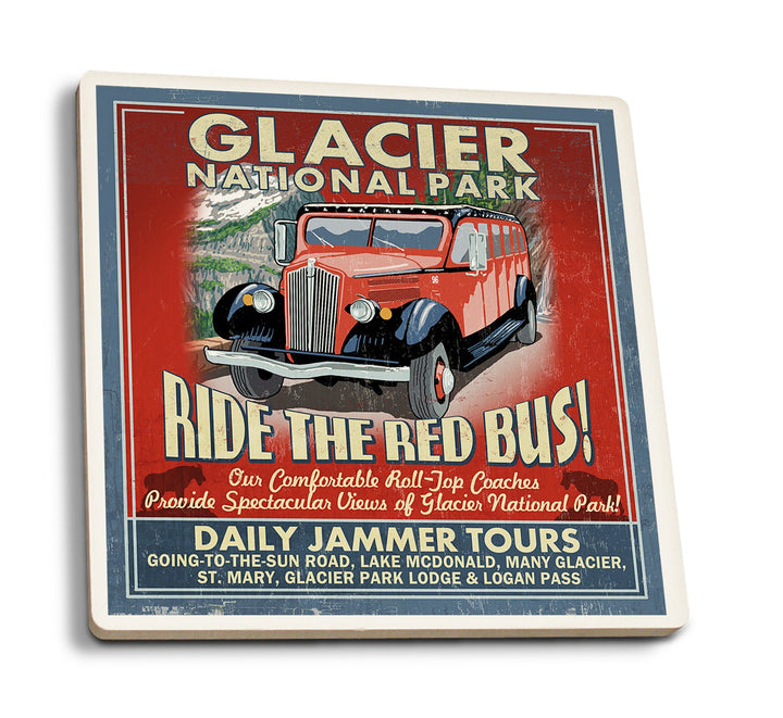 Coaster (Glacier National Park - Red Jammer Vintage Sign- Lantern Press Artwork) Coaster Nightingale Boutique Coaster Pack 